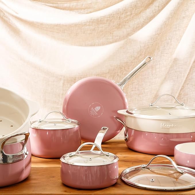 Bloomhouse 12 Piece Aluminum Pots and Pans Cookware Set w/Non-toxic Ceramic Non-stick, Ceramic Steamer Insert, & 12 Protective Care Bags - Pink Orchid