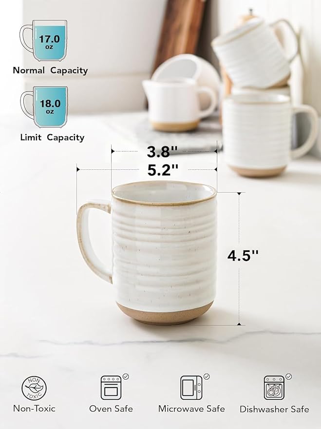 LE TAUCI Coffee Mugs 18 oz,Ceramic Mug Set, Coffee Cups for Latte, Hot Tea, Cappuccino, Mocha, Cocoa, Dishwasher Safe, Suit For Housewarming Wedding- 3.5 inch, Set of 4, Arctic White