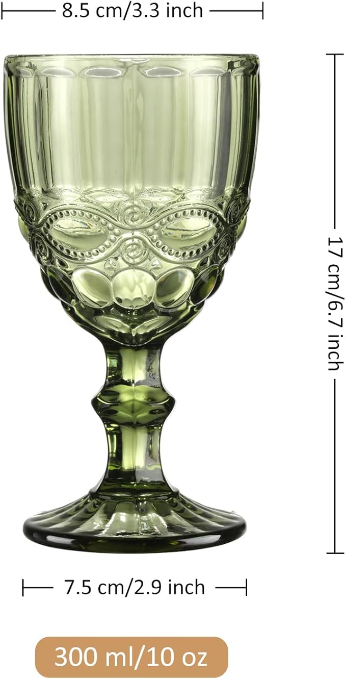Joeyan Green Vintage Wine Glasses,Clear Water Goblet Glasses with Embossed Serpentine Pattern,Stemmed Colored Glassware Set for Wedding Party Banquet Feast,10 oz,Set of 4,Dishwasher Safe