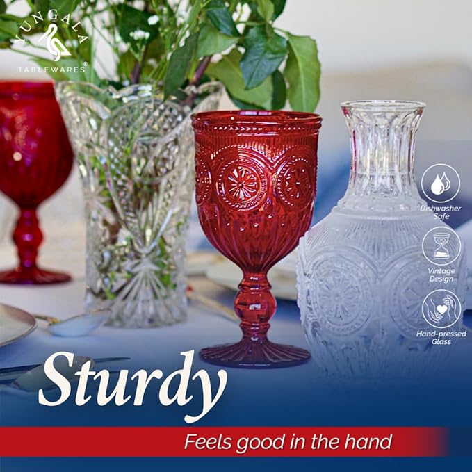 Yungala Red Goblets, Set of 6 Hand Crafted Red Colored Wine Glasses for lovers of red glassware, perfect for Valentines Day or Christmas Wine Glasses