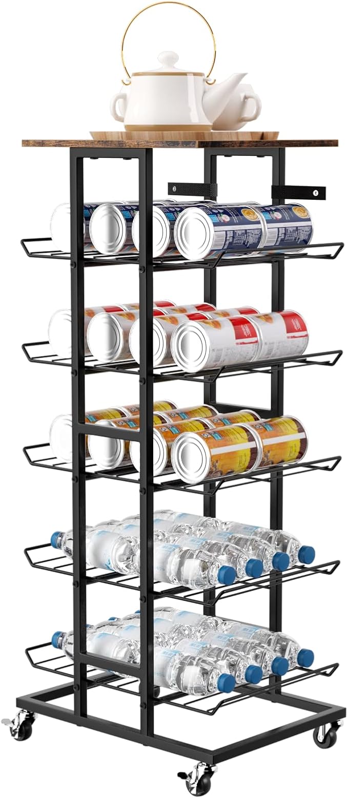 Water Bottle Organizer 6 Tier Bottled Water Storage Rack with Wheels Water Bottle Stand Drink Holder Metal Beverage Rack Soda Can Shelf Organizer for Pantry Kitchen Home Office Party, Brown