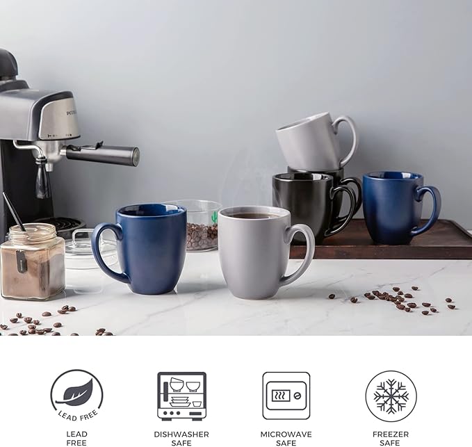 AmorArc Coffee Mugs Set of 6, Ceramic coffee mugs with large handle for Men Women,16oz Coffee Mugs for Coffee,Tea,Latte,Cocoa. Easy to Hold&Clean, Dishwasher&Microwave Safe, Matte Grey