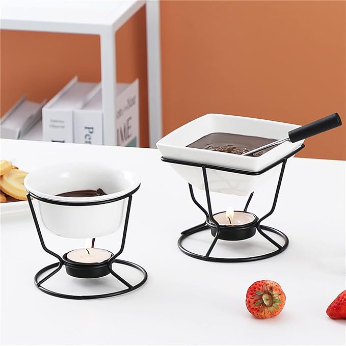 Ceramic Butter Warmers Personal Seafood Fondue Set with Shelf Candle Two Forks, Used for Melted Sauce Keeps Heat, 10 * 9.5cm
