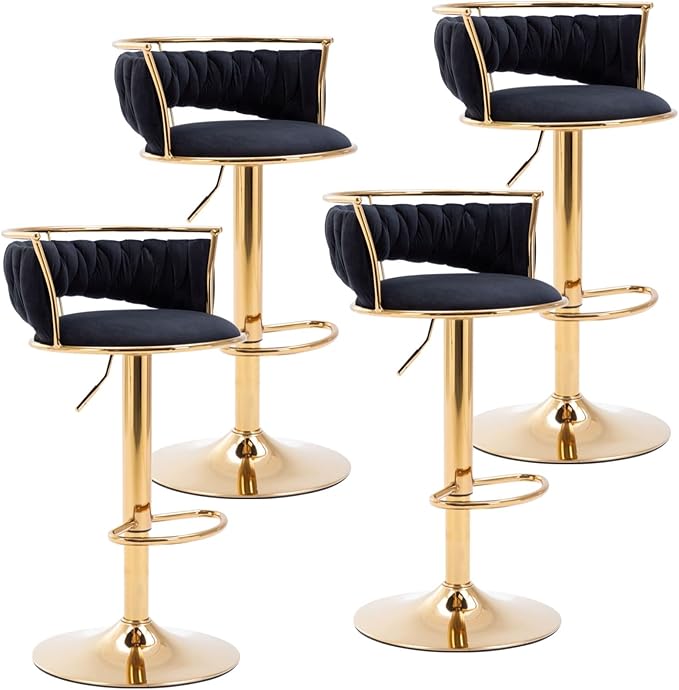 LukeAlon Velvet Adjustable Barstools Set of 4, Modern 360° Swivel Counter Stools with Golden Base Upholstered Open Back Tall Bar Chairs with Footrest for Home Kitchen, Black