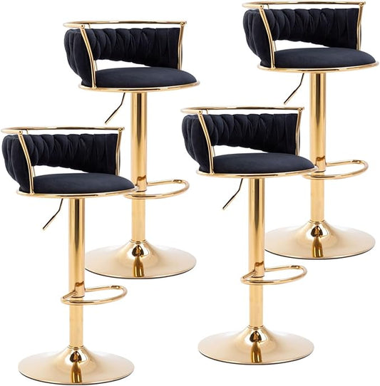 LukeAlon Velvet Adjustable Barstools Set of 4, Modern 360° Swivel Counter Stools with Golden Base Upholstered Open Back Tall Bar Chairs with Footrest for Home Kitchen, Black