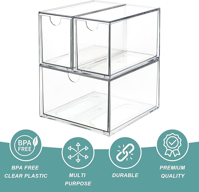 3 Tea and Coffee Organizer and Storage, Acrylic Tea Bag Holder Organizer, Plastic K Cup Drawer Container for Cabinet