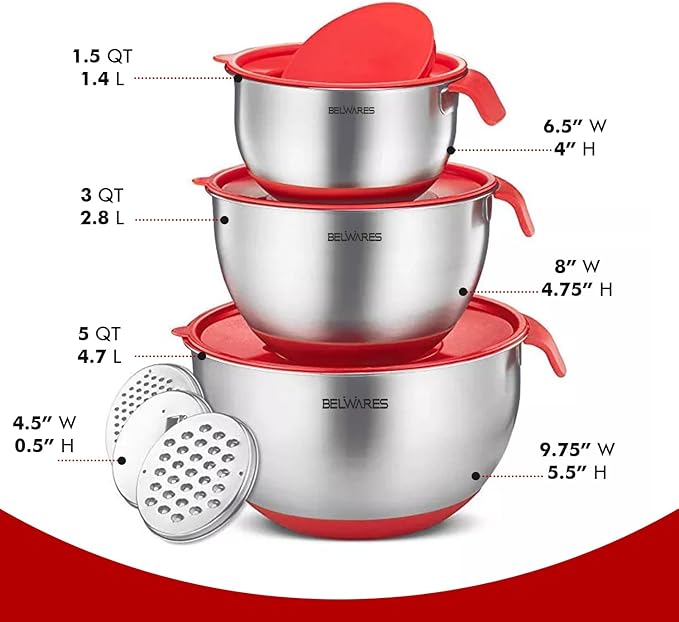Belwares Mixing Bowls with Lids Set - 3-Piece Stainless Steel Nesting Bowls with Graters, Handles, and Airtight Lids - Non-Slip Mixing Bowls for Cooking, Baking, Prepping, and Food Storage (Red)