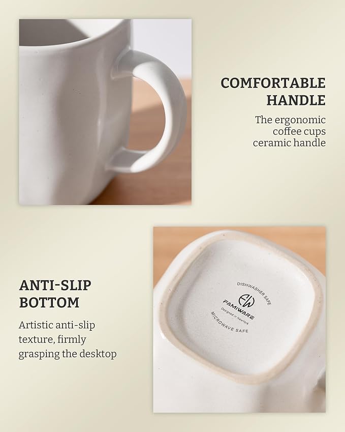 famiware Coffee Mugs Set of 4, Ocean Square 13oz Coffee Cup Set with Handle for Cocoa, Milk, Hot Chocolate, Tea, Water, Stoneware Cups for Kitchen, Microwave and Dishwasher Safe, Matte White