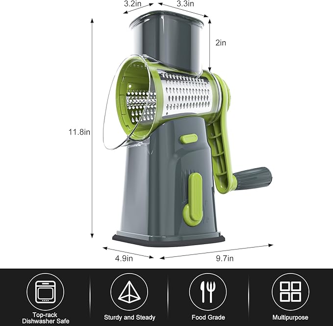 Ourokhome Rotary Cheese Grater Cheese Shredder, Mandoline Vegetable Slicer with 5 Interchangeable Blades and Strong Suction Base for Fruit, Vegetables, Nuts Grey