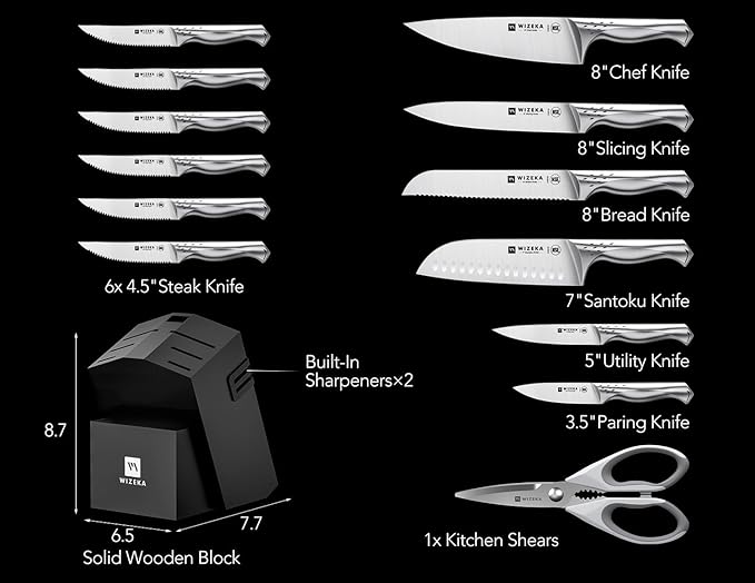 WIZEKA Kitchen Knife Set with Block: Razor Sharp 15 Pcs Professional Chef Knife Set with Knife Sharpener, Food Grade German Stainless Steel Knife Block Set, Jaguar Series