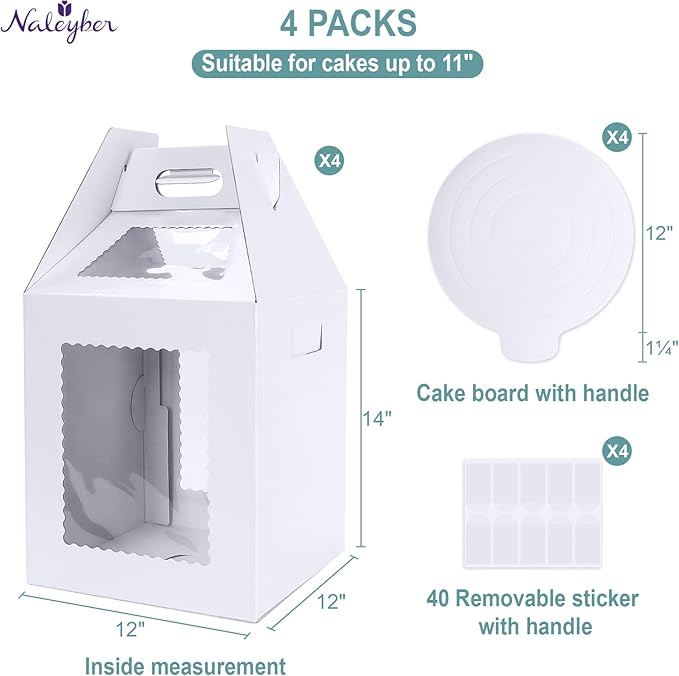Tall Cake Boxes for Tier Cakes with Cake Boards 4 Pack 12x12x14 Inch Large Tiered Cake Carrier Containers with Window for Wedding Birthday Bakery