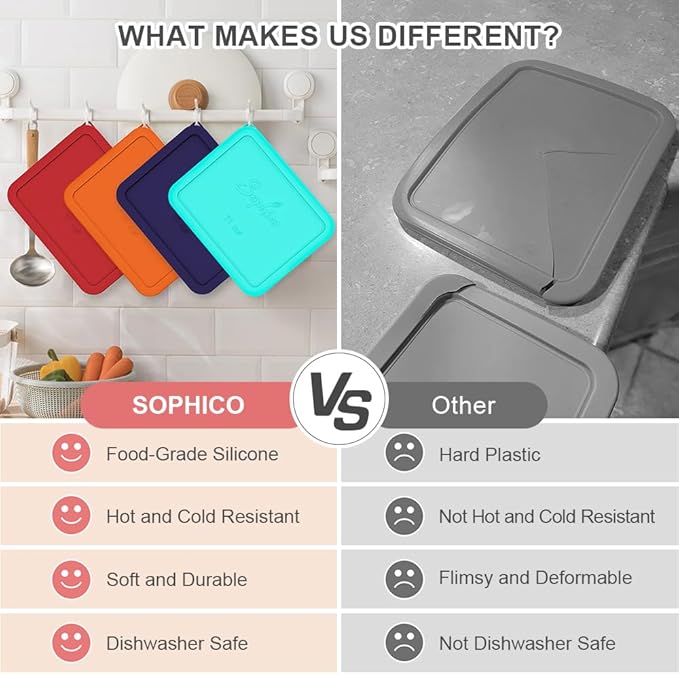 Sophico 11 Cup Rectangle Silicone Storage Cover Lids Replacement for Pyrex 7212-PC Glass Bowls, Container not Included (RED-2PACK)