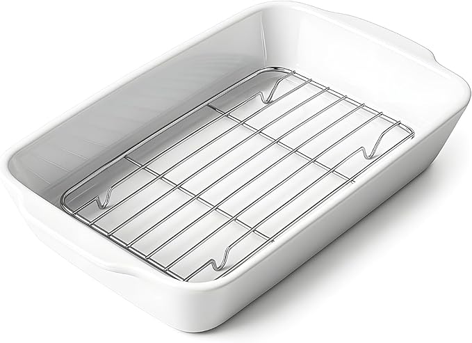 Casserole Dish with Roasting Racks, 3 QT Baking Dish with Handles, White Bakeware, Ceramic Baking Pan, Microwave Oven Safe, Dinner, Wedding （13.6"*8.7"）