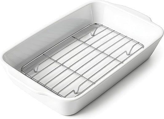 Casserole Dish with Roasting Racks, 3 QT Baking Dish with Handles, White Bakeware, Ceramic Baking Pan, Microwave Oven Safe, Dinner, Wedding （13.6"*8.7"）