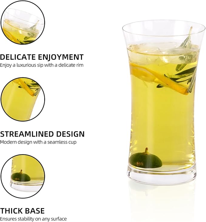 KAMMAK Drinking Glasses Set of 2, 11.8oz Crystal Water Glasses, Everyday Tall Glass Cups, Highball Glass for Cocktail, Juice, Mojito, Iced Tea, Kitchen and Bar Glassware Gifts, Collins Glasses