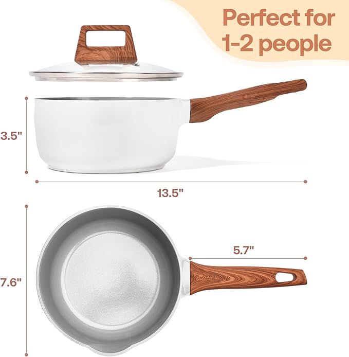 2 Quart Nonstick Sauce pan with Lid, Ceramic Sauce Pot for Cooking with Pour Spout, Small Cooking Pot with Handle for Stove, Induction, Gas, Non Toxic, PFOA Free (White, 1 PCS)