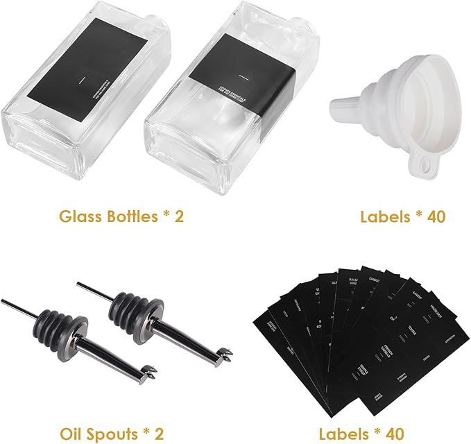 OKYUK Olive Oil Dispenser Bottle for Kitchen Cooking, 16.9oz/500ml Soy Sauce Coffee Syrup Oil and Vinegar Dispenser Set, with Silicone Funnel, Labels (2PCS, Black)