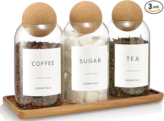 Coffee Sugar Tea Container Set, 3 Pack Glass Jars with Cork Lids, Apothecary Jars with Tray for Bathroom, Decorative Qtip and Cotton Ball Holder, Cute Display Jars for Coffee Bar (27oz)