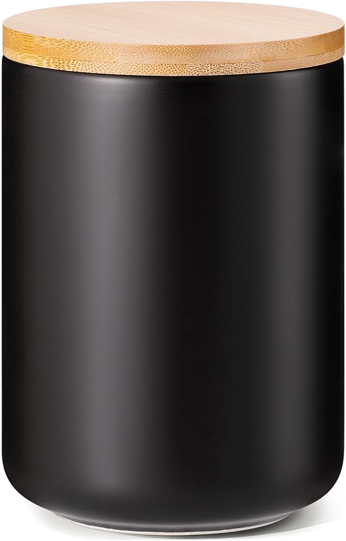 Yangbaga Black Canisters for Kitchen-Kitchen Canisters for Countertop with Airtight Wood Lids/Spoons/Stickers,Ceramic Kitchen Storage Containers for Large Flour,Suger,Coffee（32 OZ