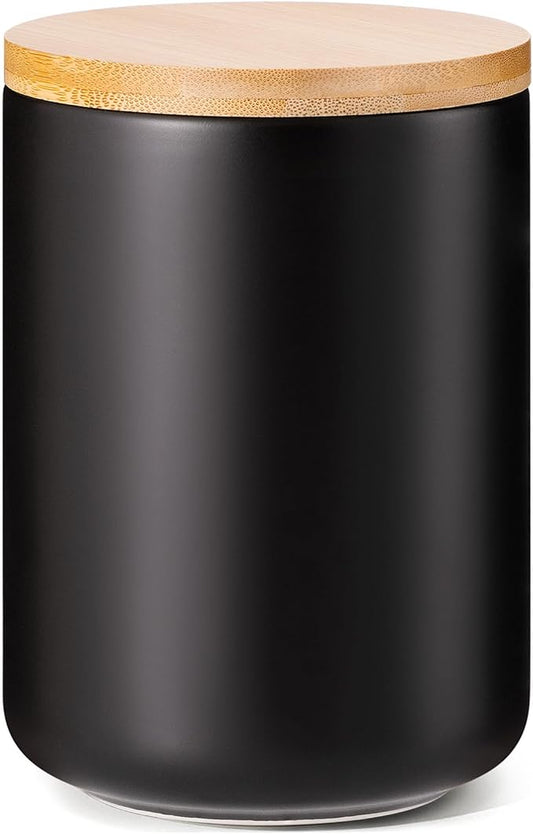 Yangbaga Black Canisters for Kitchen-Kitchen Canisters for Countertop with Airtight Wood Lids/Spoons/Stickers,Ceramic Kitchen Storage Containers for Large Flour,Suger,Coffee（32 OZ