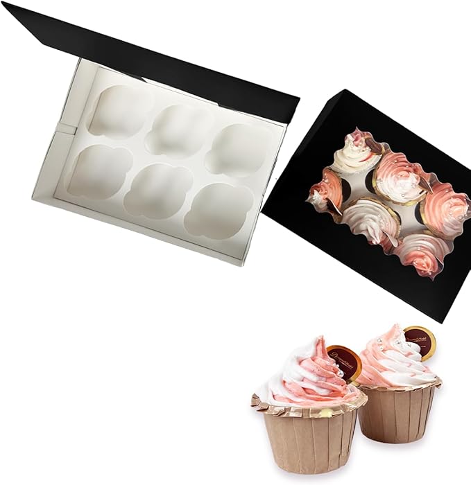 Bakepacker Auto-pop up 6 Cupcake Boxes with Window 20 Count Black Box 9.4 x 6.1 x 3 inch Cupcake Carrier