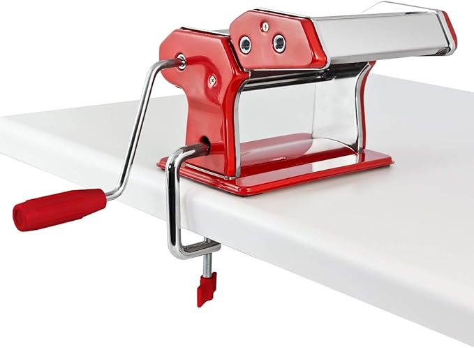 GOURMEX Stainless Steel Manual Pasta Maker Machine | With Adjustable Thickness Settings | Perfect for Professional Homemade Spaghetti and Fettuccini | Includes Removable Handle and Clamp (Red)