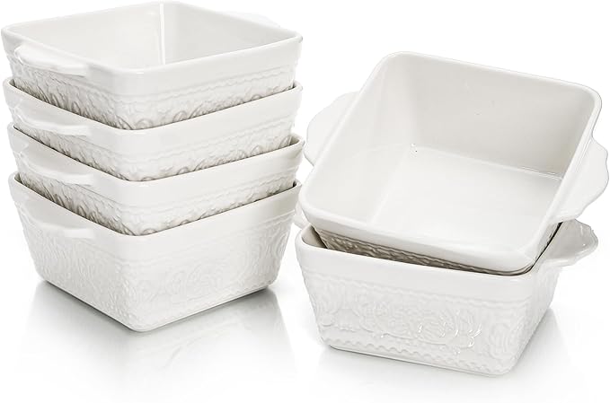 6 Pack 13 OZ Ceramic Baking Dishes, 4.5" Mini Square Bakeware Set, Small Baking Pan with Handle, Individual Casserole Dish for Oven, Roasting, Lasagna, Pie, Gratin, Microwave Safe, White