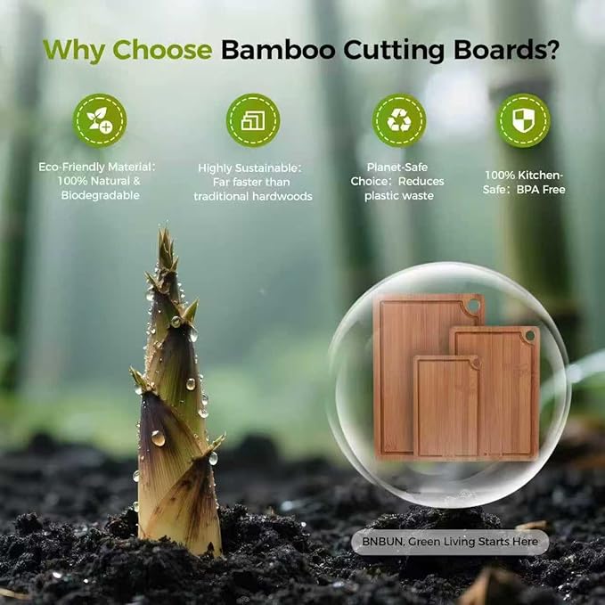 Bamboo Cutting Board for Kitchen, Wood Cutting Board 3 Piece Set with Non-Slip Mat Deep Juice Groove and Built-In Handles, Wooden Cutting Boards for Meat Vegetables Fruit for the Home
