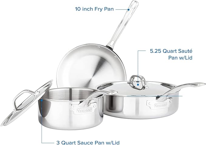 Viking Culinary 3-Ply Stainless Steel Cookware Set with Metal Lids, 5 Piece, Dishwasher, Oven Safe, Works on All Cooktops including Induction