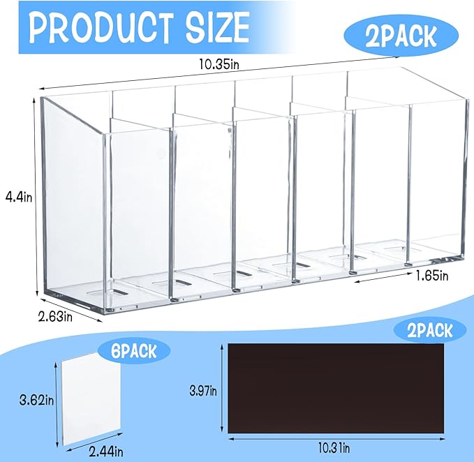 2 Pcs Acrylic Drink Packet Organizer, Mountable Water Drink Packet Holder with Adhesive & Magnetic Sticker, Wall Mount Drink Storage Bins with Removable Divider for Table Refrigerator Cabinets Pantry