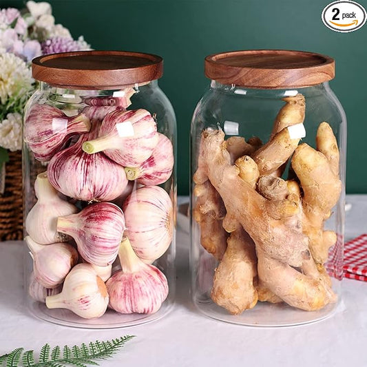SAIOOL 1 Gallon Glass Jar with Wooden Acacia Airtight Lid,Large Glass Storage Jar set of 2, BPA-Free Cereal Dispenser Jars for flour,Spaghetti Pasta, Powder, Tea, Coffee