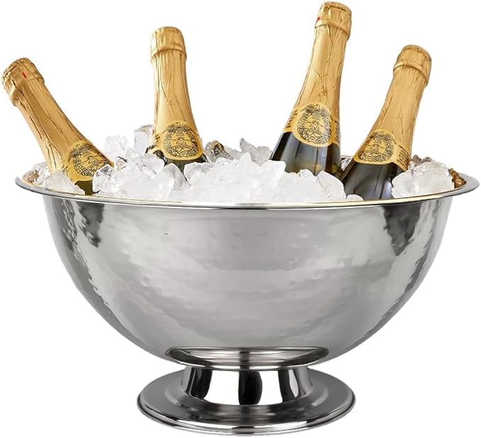 Cruiser’s Caché 16" Footed Champagne Bucket, Beverage Tub, Wine and Champagne Server, Stainless Steel with Hammered Silver Finish