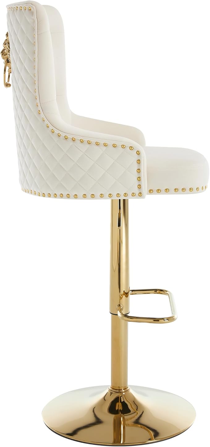 Velvet Gold Barstools Set of 2, Modern Counter Height Adjustable Swivel Stools Chairs with High Tufted Backrest Golden Base Lion Head Pull Ring Diamond Pattern Rivet Trim for Kitchen, Cream