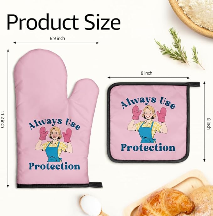 Always Use Protection Oven Mitts and Pot Holders Sets, Funny Retro Kitchen Oven Mitts for Baker, Housewarming Gifts for Foodies Housewives Baker Lover, Hostess Gifts for Mom, Baking Present