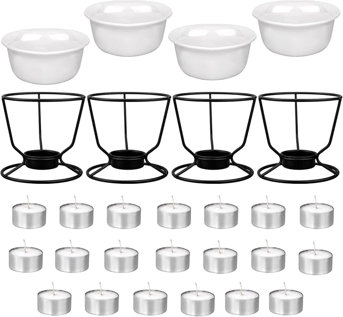 4Pcs Fondue Pot Set for Chocolate Butter Cheese, 5oz Butter Warmer for Seafood with 20 Tealight, Ceramic Bowl Oven Microware Dishwasher Safe,Perfect for family dip Fruit,Dessert,Snack