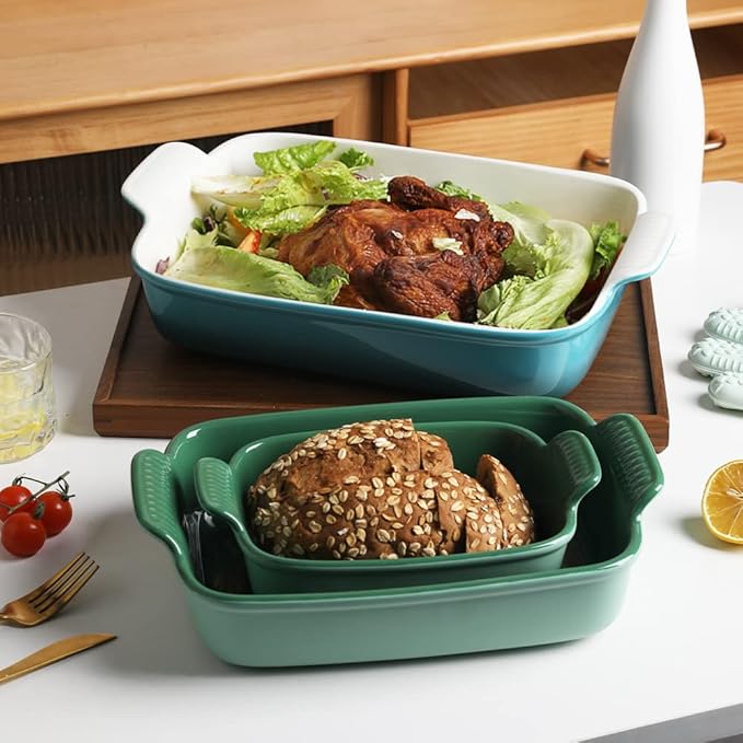 Sweejar Baking Pans Set, Ceramic 9x13 Baking Dish with Handle, Rectangular Casserole Dishes for Oven, Bakeware Sets of 3, Durable Lasagna Pan Deep for Kitchen, Banquet, Wedding Gift(Green)