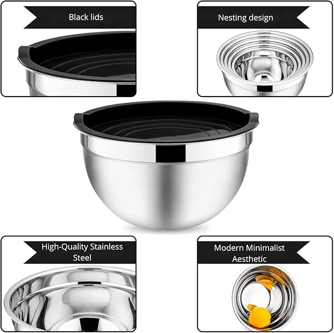 5-Piece Stainless Steel Mixing Bowls Set with Plastic Lids – Nesting Stackable Bowls for Cooking, Baking & Food Prep – Space-Saving Kitchen Storage