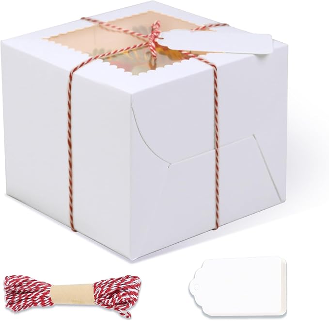 20Pcs Mini Cake Boxes with Window, 6x6x5 Inches White Bakery Boxes, Small 4 Cupcake Boxes, Cake Packaging for Pastries, Cookies, Chocolates, Cupcakes, Birthday Party, Wedding