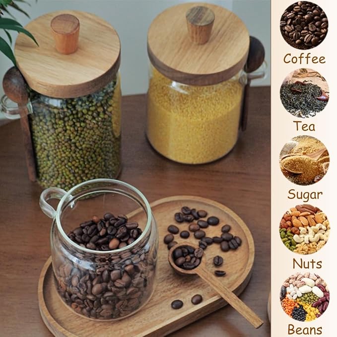 ANSQU Set of 2 Glass Food Storage Jars with Bamboo Wood Lid and Spoon, 20.3oz Glass Kitchen Canisters for Coffee, Tea, Cereal, Spice and Canning, Mason Jars, Cute Jar