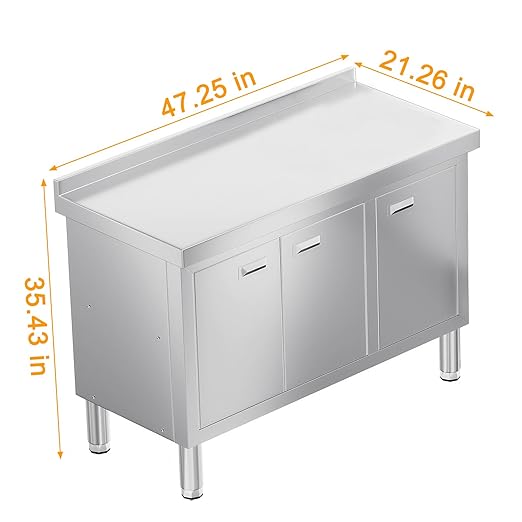 WWK 47" x 21" Stainless Steel Prep Table with Cabinet, Commercial Kitchen Table for Prep & Work, Heavy Duty Work Table with 3 Doors for Kitchen, Restaurant, Hotel, Garage and Cafe