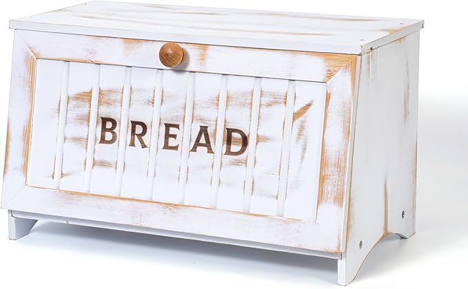 Bamboo Bread Box for Kitchen Countertop, White Vintage Wooden Counter Breadbox, Single Layer Rustic Wood Large Capacity Bread Storage Container Bin