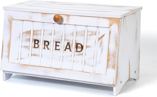 Bamboo Bread Box for Kitchen Countertop, White Vintage Wooden Counter Breadbox, Single Layer Rustic Wood Large Capacity Bread Storage Container Bin
