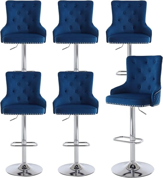 Velvet Lion Bar Stools Set of 6, Modern Height Adjustable Swivel Barstools with Chrome Base, Tufted Counter Height Bar Stools Upholstered Bar Chairs for Kitchen Island, Dining Room, Blue