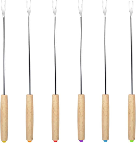 ZukoCert 6Pcs Stainless Steel Fondue Forks, Color-Coded 9.5 Inch Fondue Sticks with Wooden Handle, Heat Resistant Skewers for Cheese, Chocolate Fountain, Roast Marshmallows, Fruits