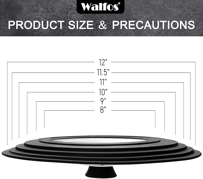 Walfos Universal Pan Lid - Pot Lid for Pots, Pans and Skillets, with Unique Enlarged Heat Resistant Silicone Rim and Tempered Glass, Fits 8" to 12" Diameter Cookware, BPA Free (1 Piece)