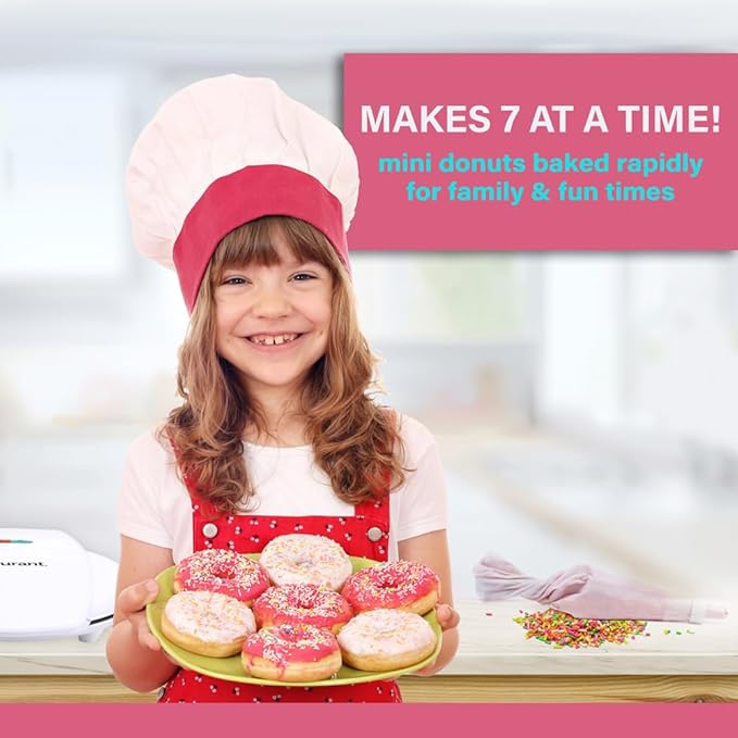 Courant Mini Donut Maker Machine for Holiday, Kid-Friendly, Breakfast or Snack, Desserts & More with Non-stick Surface, Makes 7 Doughnuts, Red