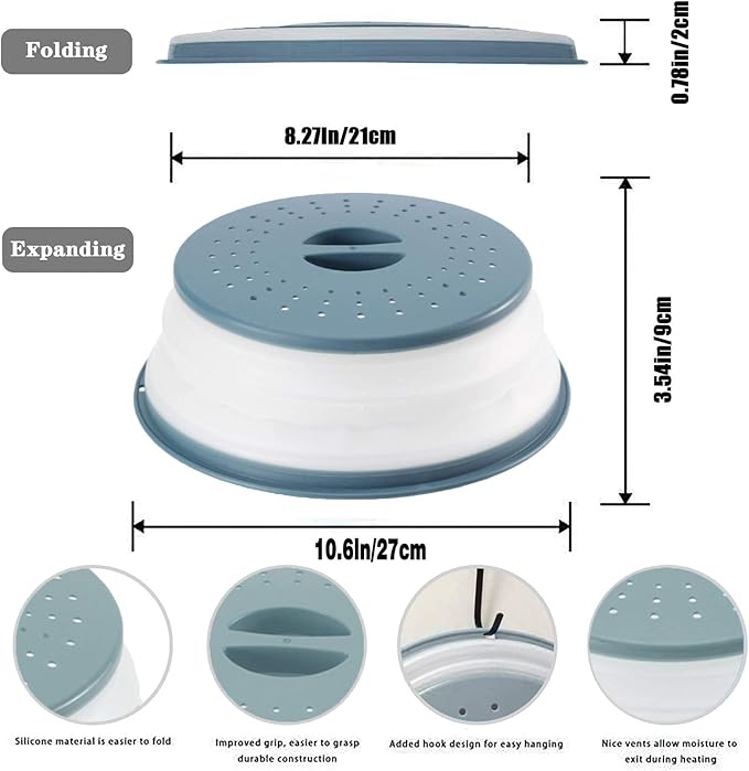 WENWELL Vented Collapsible Microwave Splatter Cover for Food,Kitchen Gadget dish bowl Plate Proof lid Can be Hung,Dishwasher-Safe,BPA-Free Silicone & Plastic,10.5 inchs,gray