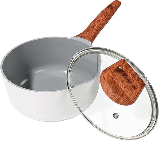 2 Quart Nonstick Sauce pan with Lid, Ceramic Sauce Pot for Cooking with Pour Spout, Small Cooking Pot with Handle for Stove, Induction, Gas, Non Toxic, PFOA Free (White, 1 PCS)