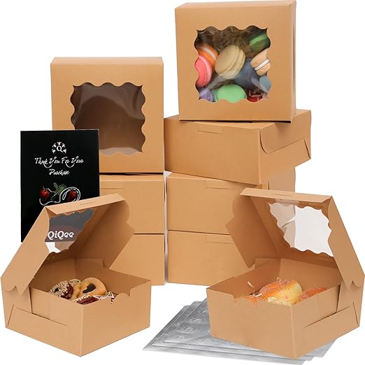 Bakepacker 60pcs Kraft Bakery Boxes with Window 6x6x3 inches Thick & Sturdy Macaroon Pastry Boxes Cookie Boxes for Bakerys