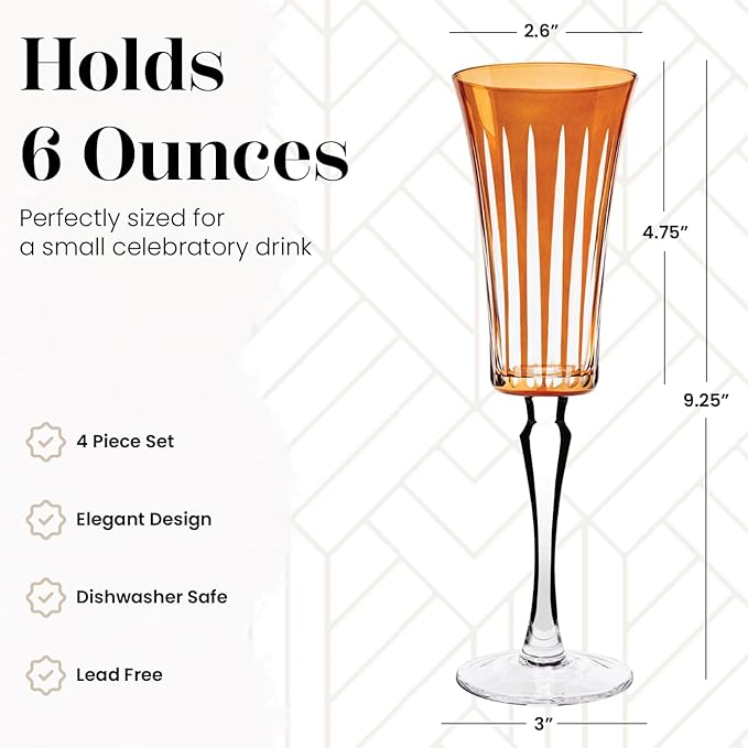 Vikko Champagne Flutes, Timeless Collection 6 Ounce Elegant Wine Glass for Fine Dining, Set of 4 Amber Goblets with Stem, Dishwasher Safe
